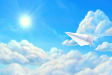 Fototapeta premium Paper airplane soaring in sunny blue sky with fluffy clouds