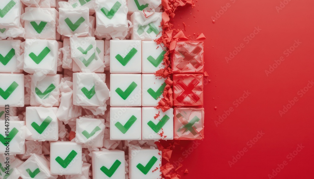 Poster white blocks featuring green check marks transform into red cross blocks over bold red background, s