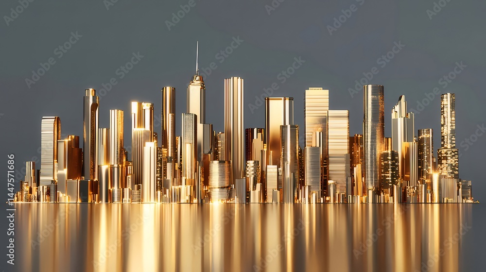 Poster 黄金色の都市景観の3Dレンダリング 都会の超高層ビルの未来的なデザイン 暗い背景に反射する金属光沢のある建物