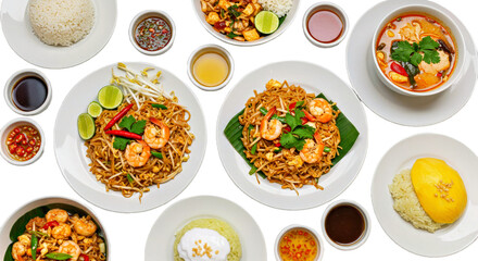 Assorted Thai Food Dishes Flat Lay Composition Top View Asian Cuisine Meal Variety Spicy Curry Noodles