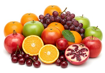 A vibrant assortment of fresh fruits including oranges apples grapes cherries and pomegranates displayed