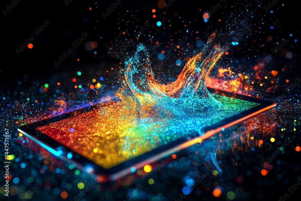 Poster this captivating concept showcases a tablet disintegrating into a luminous liquid, releasing colorfu