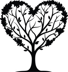 Heart Tree Silhouette: Minimalist Black and White Vector