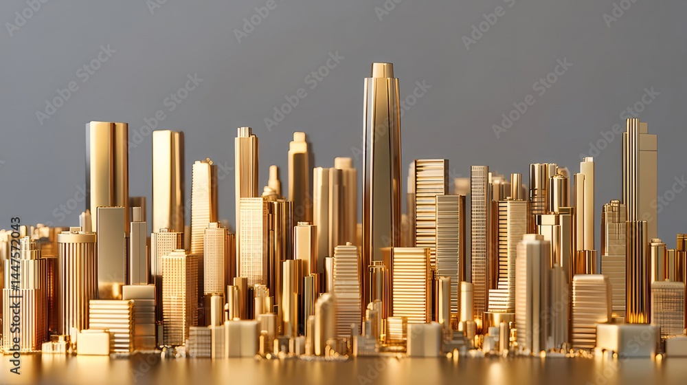 Aufkleber 光沢のある黄金色の都市高層ビル群の3dレンダリング 抽象的な背景に輝く金属的な質感