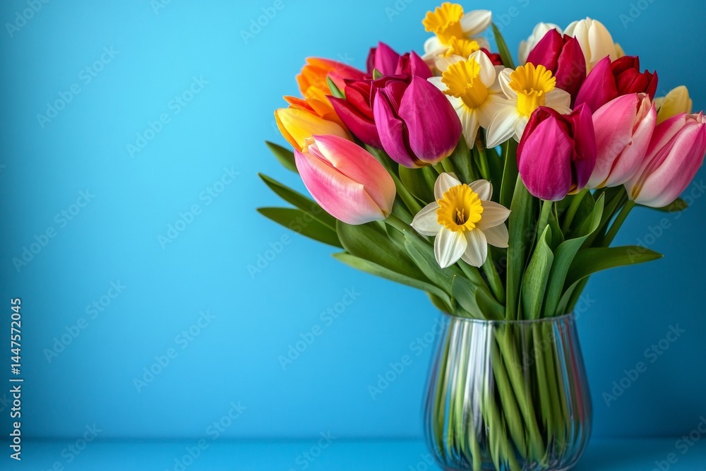 Poster brightly colored tulips and daffodils are arranged in a clear vase, standing out against a striking 