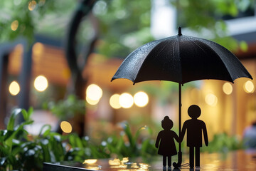 The umbrella and family model provide security protection and health insurance, encompassing the concept of family home, health care day, and car insurance   
