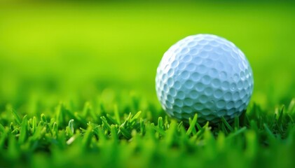 Fototapeta premium Close-up of golf ball resting on lush green grass, blade, equipment, leisure