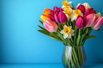 Brightly colored tulips and daffodils are arranged in a clear vase, standing out against a striking blue backdrop, creating a cheerful and lively atmosphere. With copy space for text