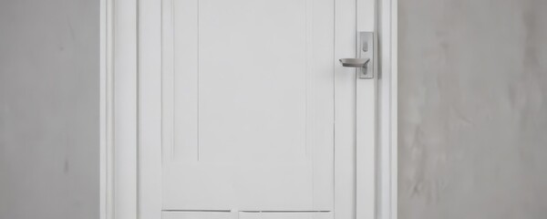 Crisp white wooden door, closed  Sleek metal handle ,  clean,  isolated,  still life