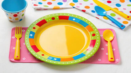 Colorful children plate with yellow fork and spoon on pink mat, polka dot cup and napkins, playful and bright table setting for kids meal time