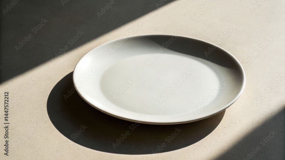 Poster empty plate casting long shadow over neutral surface in soft natural light creating calm mood