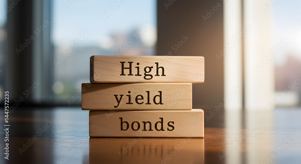 Poster high yield bonds stacked on wooden blocks in soft focus with blurred background