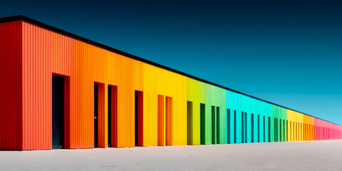 Obraz premium Vibrant building facade showcases colorful stripes against a clear blue sky