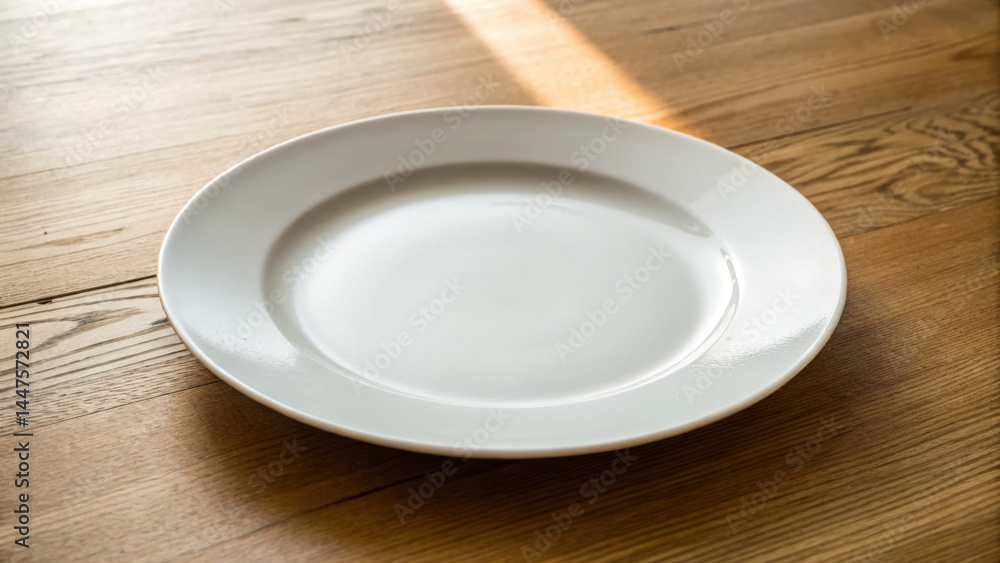 Poster empty white ceramic plate on wooden table with soft natural light creating warm and inviting atmosph