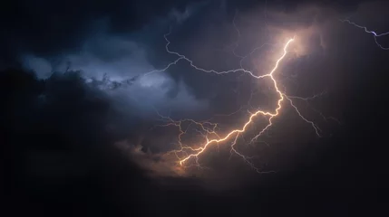Schilderijen op glas Flash flood warning concept with dramatic lightning bolt cutting through dark storm clouds in night sky ideal for severe weather visuals, emergency backgrounds and climate risk themes © Anastasiya Ri