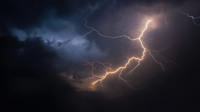 Flash flood warning concept with dramatic lightning bolt cutting through dark storm clouds in night sky ideal for severe weather visuals, emergency backgrounds and climate risk themes