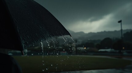 Raindrops falling on a black umbrella during dark stormy weather with flash flood warning in effect ideal for visuals on emergency preparedness, rainy season campaigns and safety tips