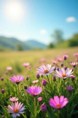 Obraz premium Soft pink and purple wildflowers carpet a sun-drenched field against a clear azure sky , serene, flora