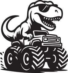 Cool T-Rex Riding Monster Truck Vector – Black and White Silhouette Illustration