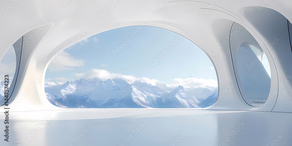 Poster 白く未来的な建築デザインから望む雪山と青空の風景 光と影のコントラストが織りなす静寂と美しさ