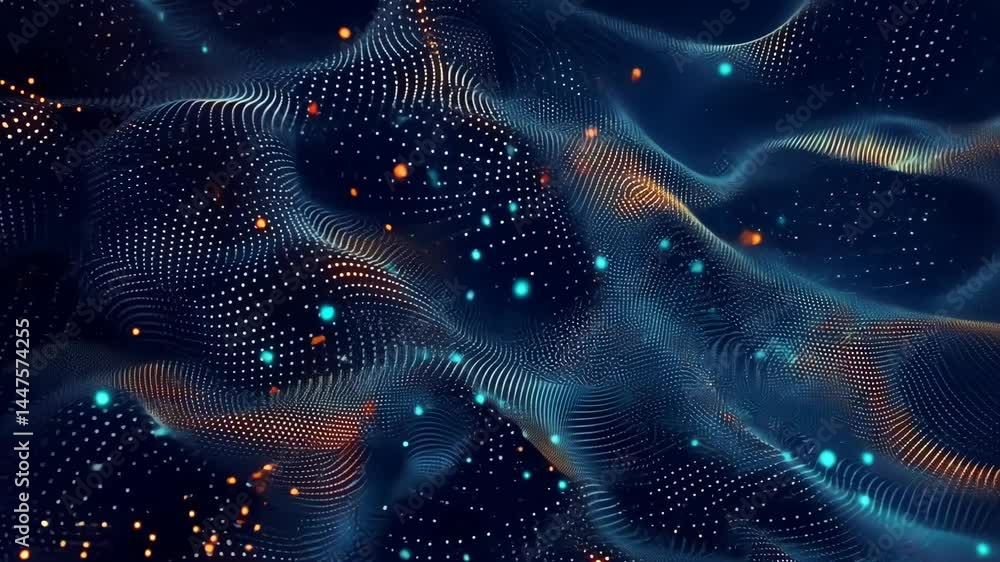 Poster dynamic digital waves with glowing particles in fluid motion