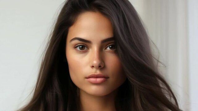 Elegant Glance: A captivating portrait of a woman with a radiant complexion and mesmerizing eyes. She epitomizes natural beauty. 