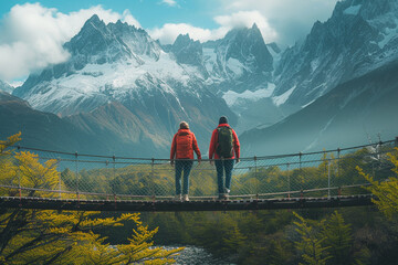 Standing atop a magnificent suspension bridge framed by towering mountains, two adventurers take in a breathtaking view an awe-inspiring moment of exploration and connection with nature.