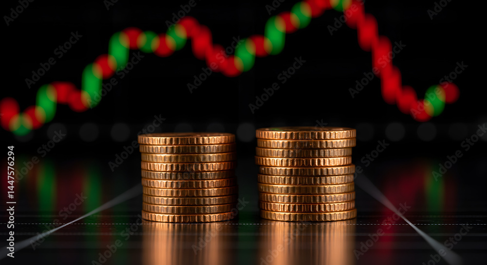 Poster stack of bronze coins with stock market graph displayed behind in dark background