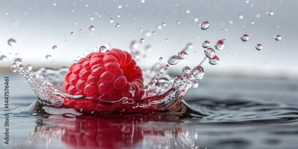 Poster raspberry splashing into clear water with droplets frozen in motion, showing fresh fruit and dynamic