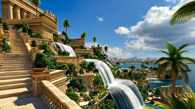 Time-lapse landscape showing a modern interpretation of the Hanging Gardens of Babylon with waterfalls and terraces. 4K video