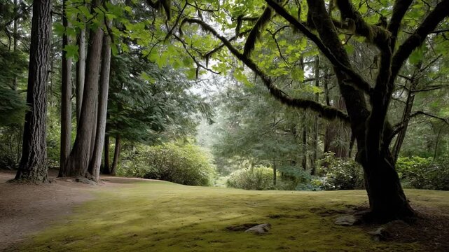 A serene clearing surrounded by tall trees where a carpet of soft moss invites foot walking and gentle breezes rustle the branches overhead.