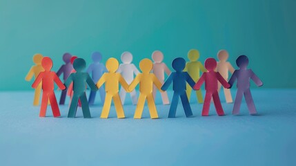 Colorful paper cutout figures forming a unity circle on blue background