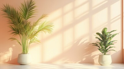 Fototapeta premium Lush indoor plants in stylish pots casting shadows on pastel wall