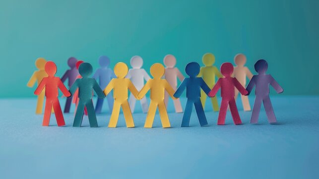 Colorful paper cutout figures forming a unity circle on blue background