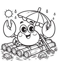 Coloring book crab on a bamboo raft under a sunny shower