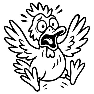 Cartoon chicken or rooster with wide eyes, open beak and raised wings in a scared expression, black and white vector illustration.