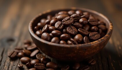 Fototapeta premium Deep roasted Balinese coffee beans in rustic bowl, earthy, rich