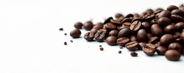 Naklejka premium Dark roasted coffee beans form a border on pure white background , brown, product