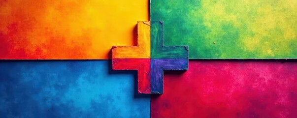 Four CMYK color boxes intersect forming a cross shape , polygraphic, pattern, cyan