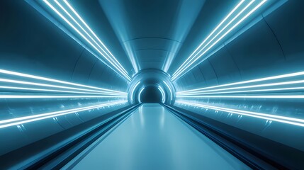 青色のネオンライトが輝く未来的なトンネル内部の抽象的なデザイン