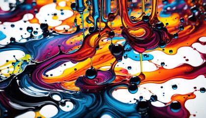 Obraz premium Close-up of a mesmerizing abstract artwork featuring vibrant, swirling liquids in hues of blue, purple, orange, and yellow, interspersed with large, glossy black bubbles