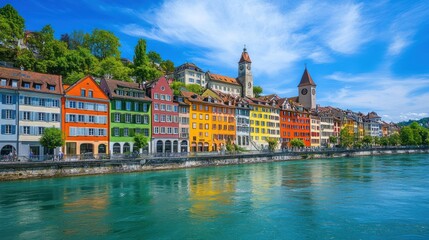Naklejka premium Vibrant colorful buildings lining a river