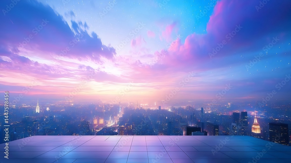 Poster 夕焼けの空と都市のパノラマビュー カラフルな雲と都市のシルエット 美しい風景とロマンチックな雰囲気