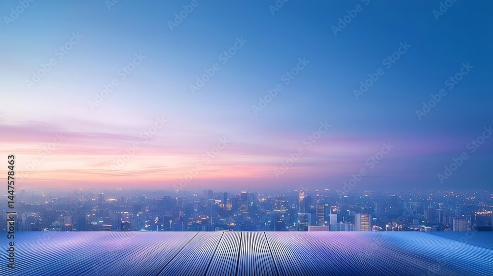 Poster 夕焼け時の都市のスカイライン パノラマビュー 青とピンクの空に浮かぶ光景 抽象的な木製の床のデザイン