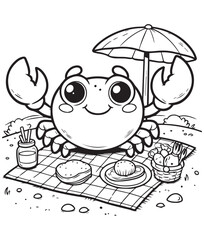 Coloring book crab having a picnic at the beach under an umbrella