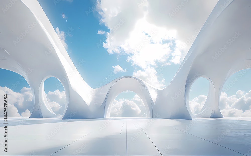 Poster 白い建築構造物が空と雲の中で表現されたモダンなデザイン 屋内アーチと滑らかな曲線の幾何学的な風景