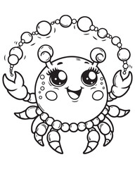 Coloring book crab wearing beaded necklaces and smiling.