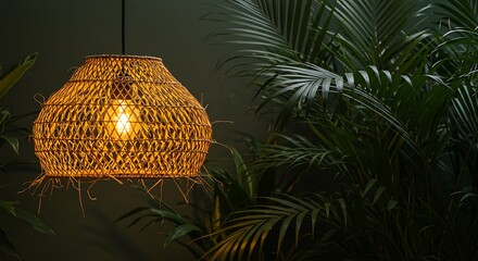 Warm Lit Woven Pendant Lamp with Tropical Plants
