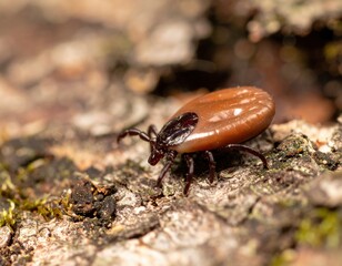 Close-up of brown tick crawling on tree bark surface outdoors