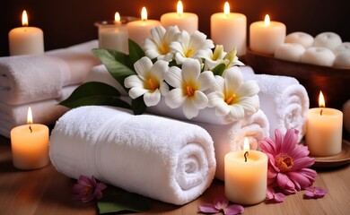 A close-up image of white towels, burning candles, and white flowers, setting a tranquil spa-like scene. The warm glow of the candlelight creates a soothing and inviting ambiance